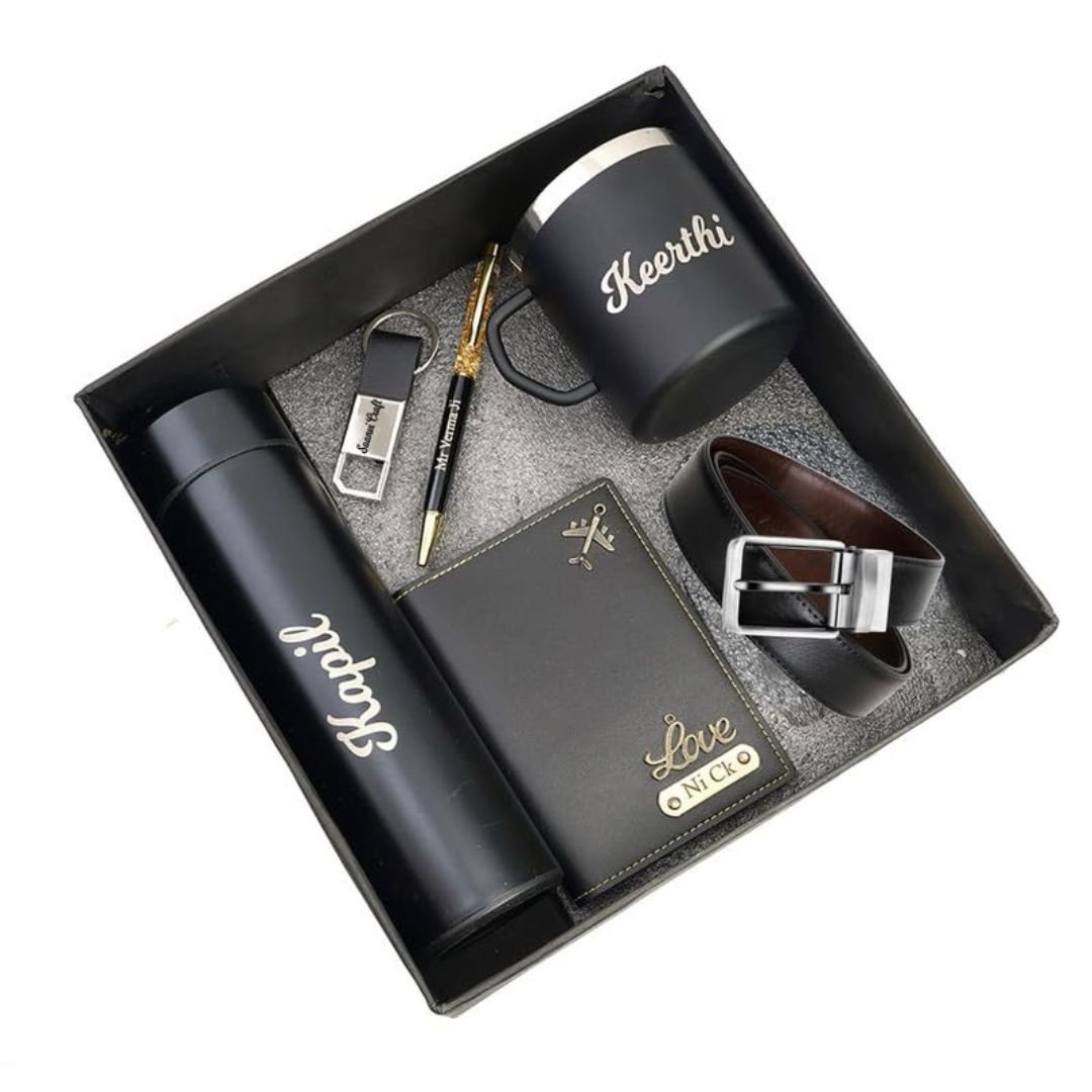 Customized Name Gift Set – Water Bottle, Coffee Mug, Passport Cover, Pen, Keychain & Men's Belt