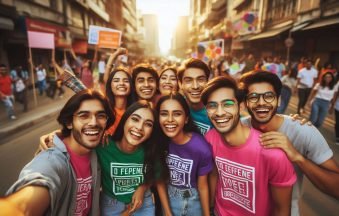 Happy young people wearing colorful custom T-shirts, holding signs and banners, smiling and cheering